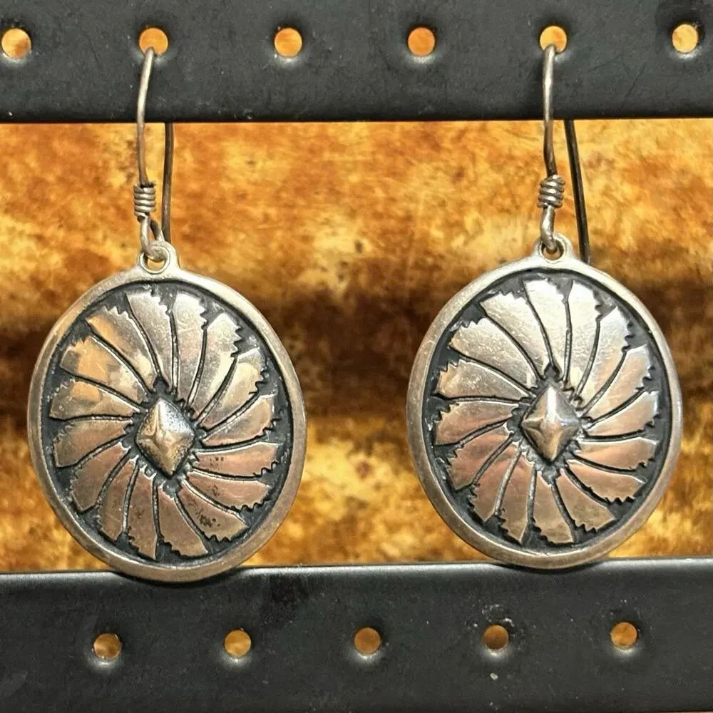 Sterling Silver Concho/Sunburst Dangle Earrings Vintage